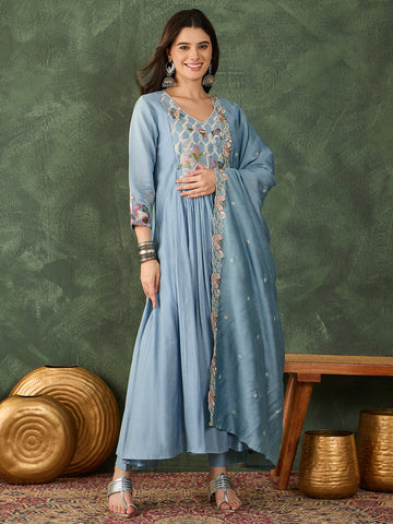 Sky Blue Embroidered Kurta Pant Set