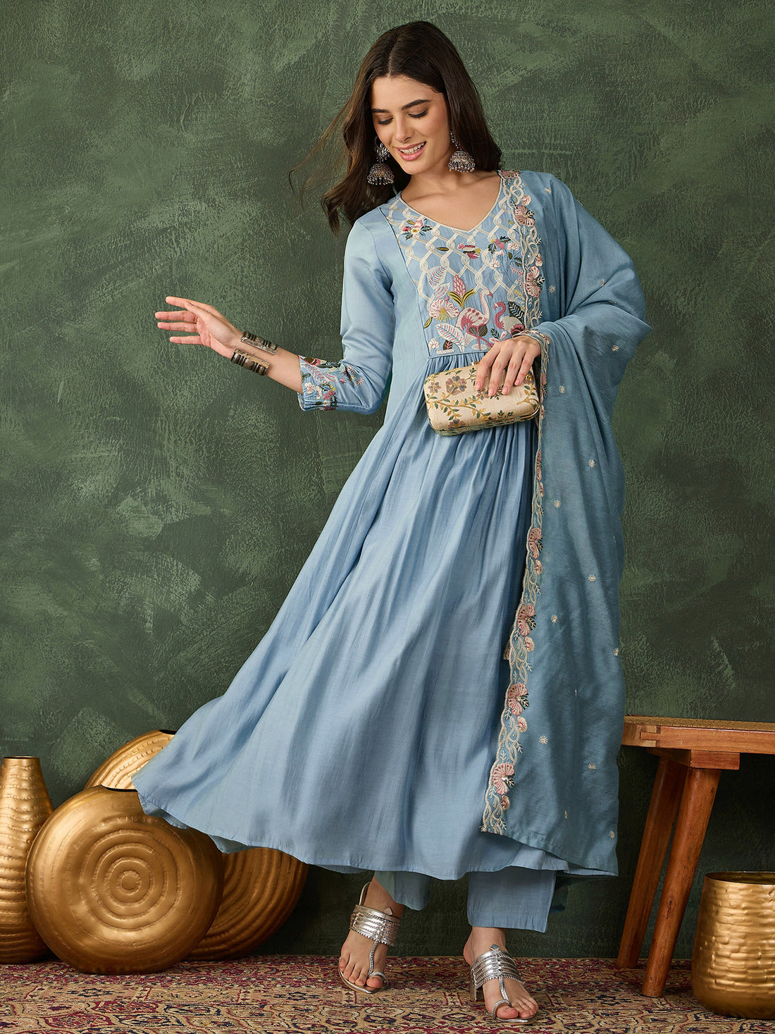Sky Blue Embroidered Anarkali Set