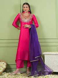 Rani Pink Silk Flared Kurta Set