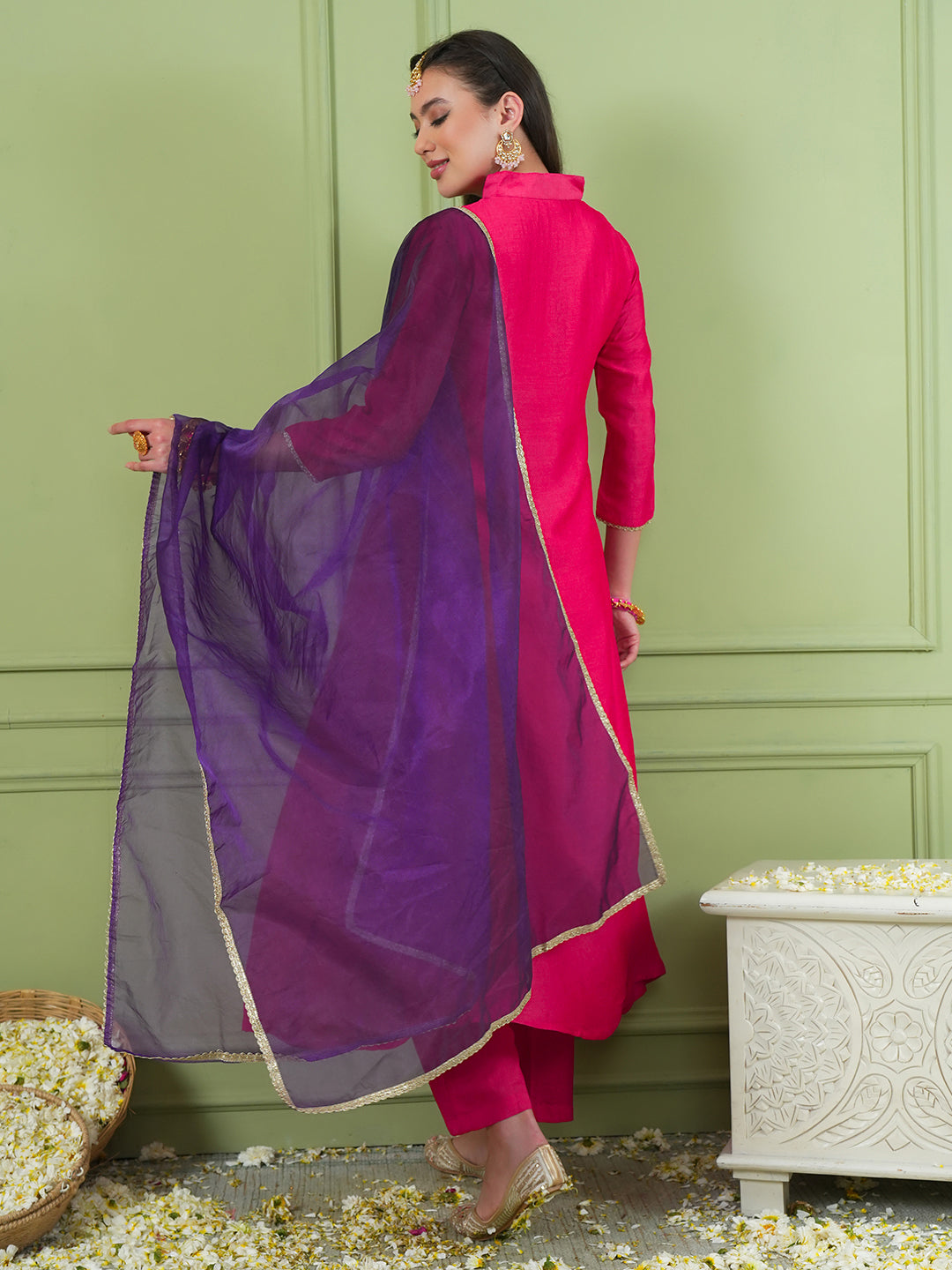 Rani Pink Silk Flared Kurta Set