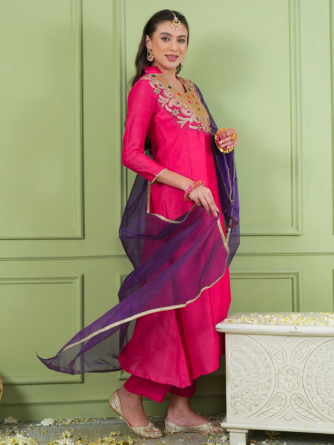 Rani Pink Silk Flared Kurta Set
