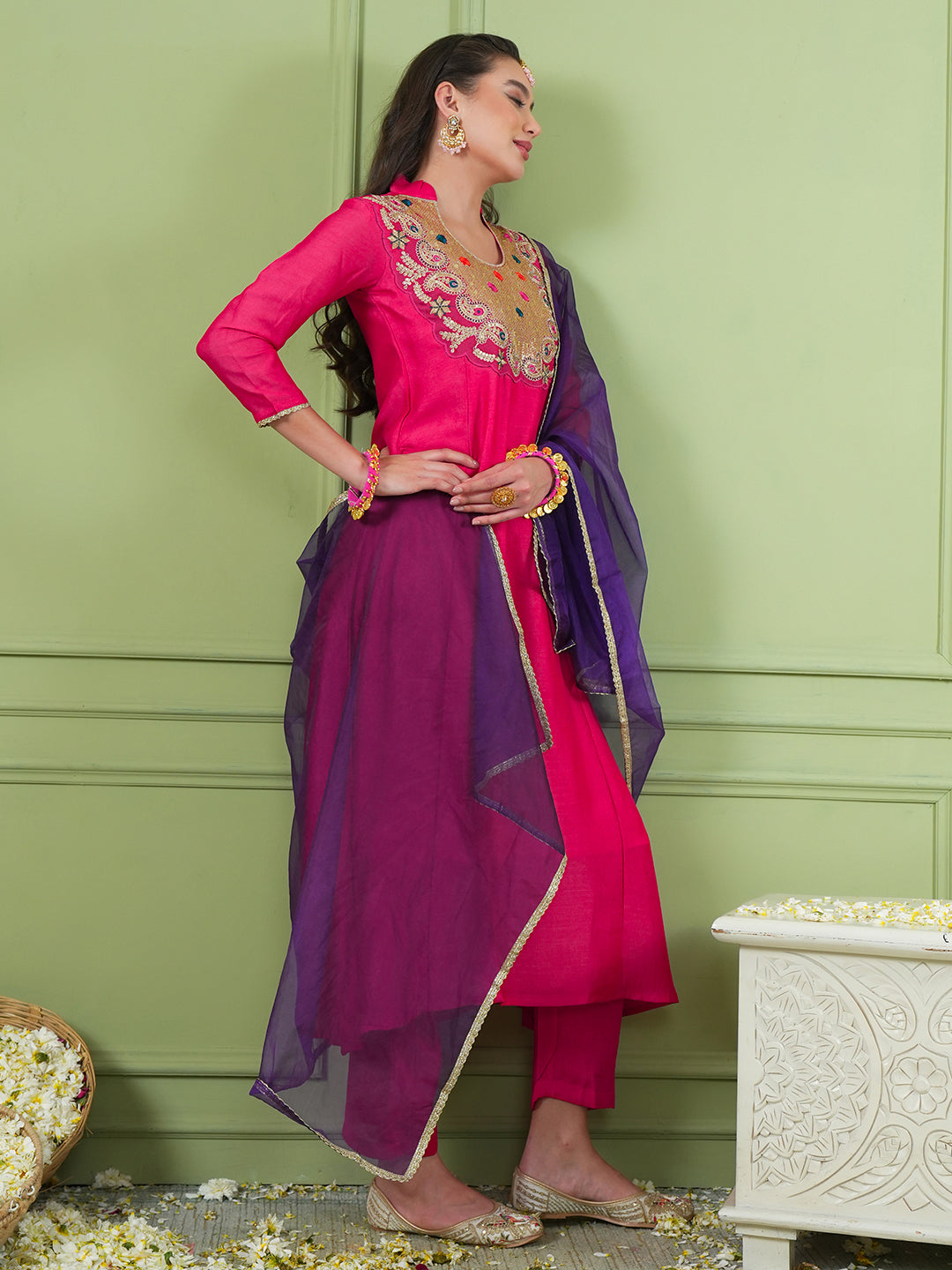 Rani Pink Silk Flared Kurta Set
