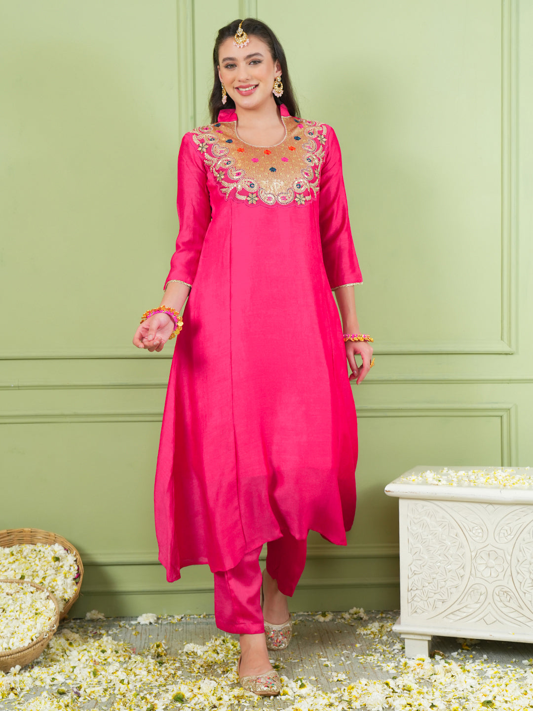 Rani Pink Silk Flared Kurta Set