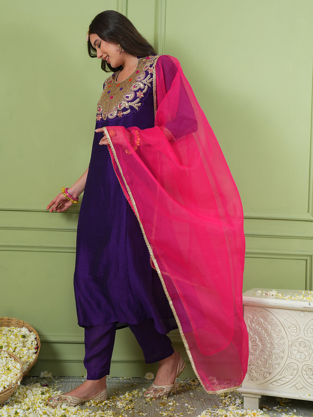 Violet Silk Flared Kurta Set
