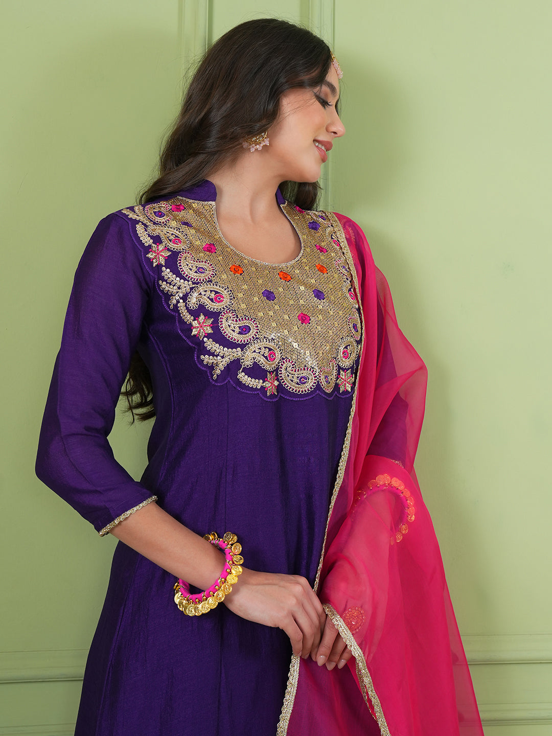 Violet Silk Flared Kurta Set