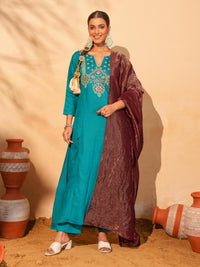 Firozi Blue Silk Embroidered Kurta Pant Set