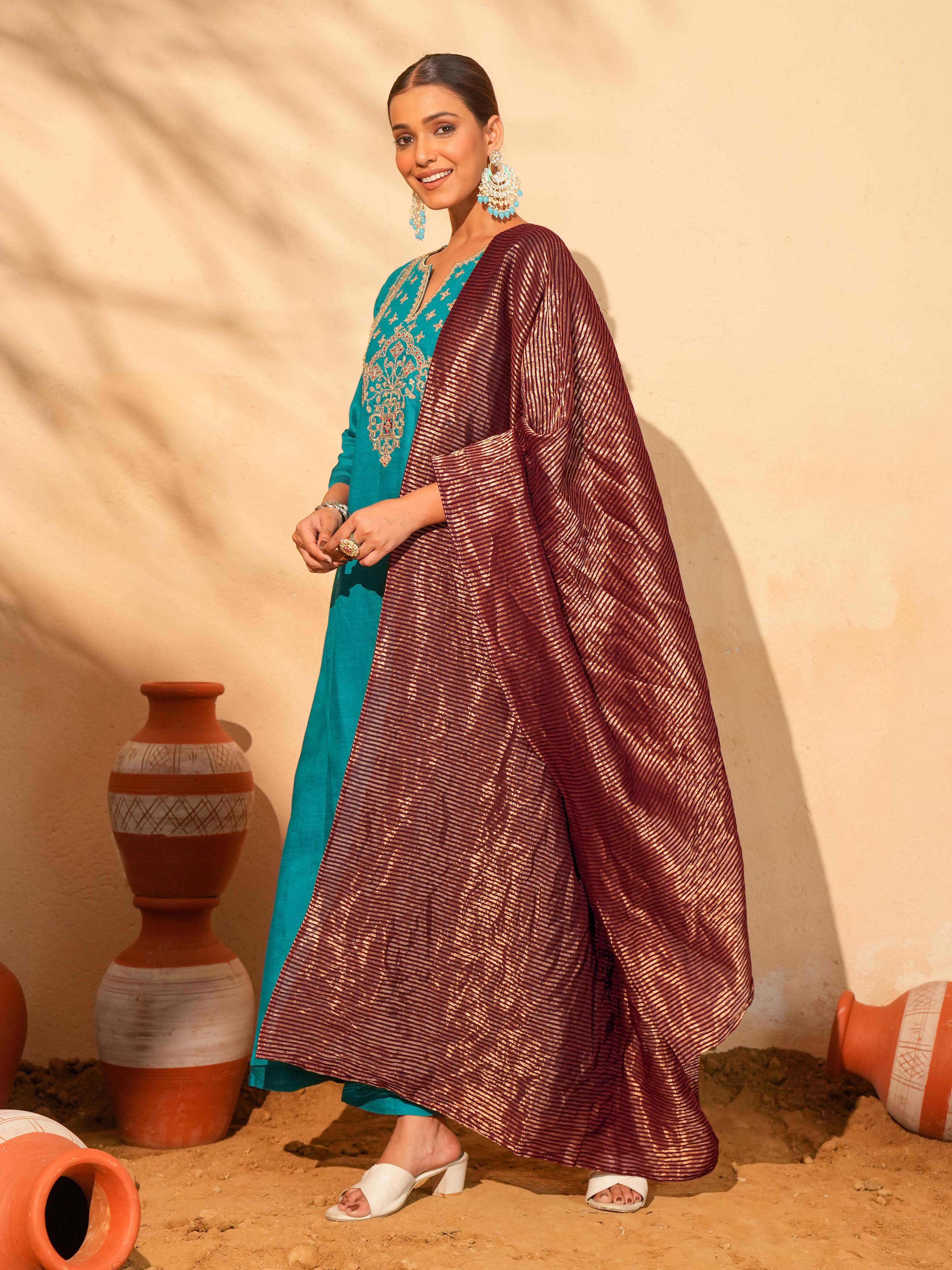 Firozi Blue Silk Embroidered Kurta Pant Set