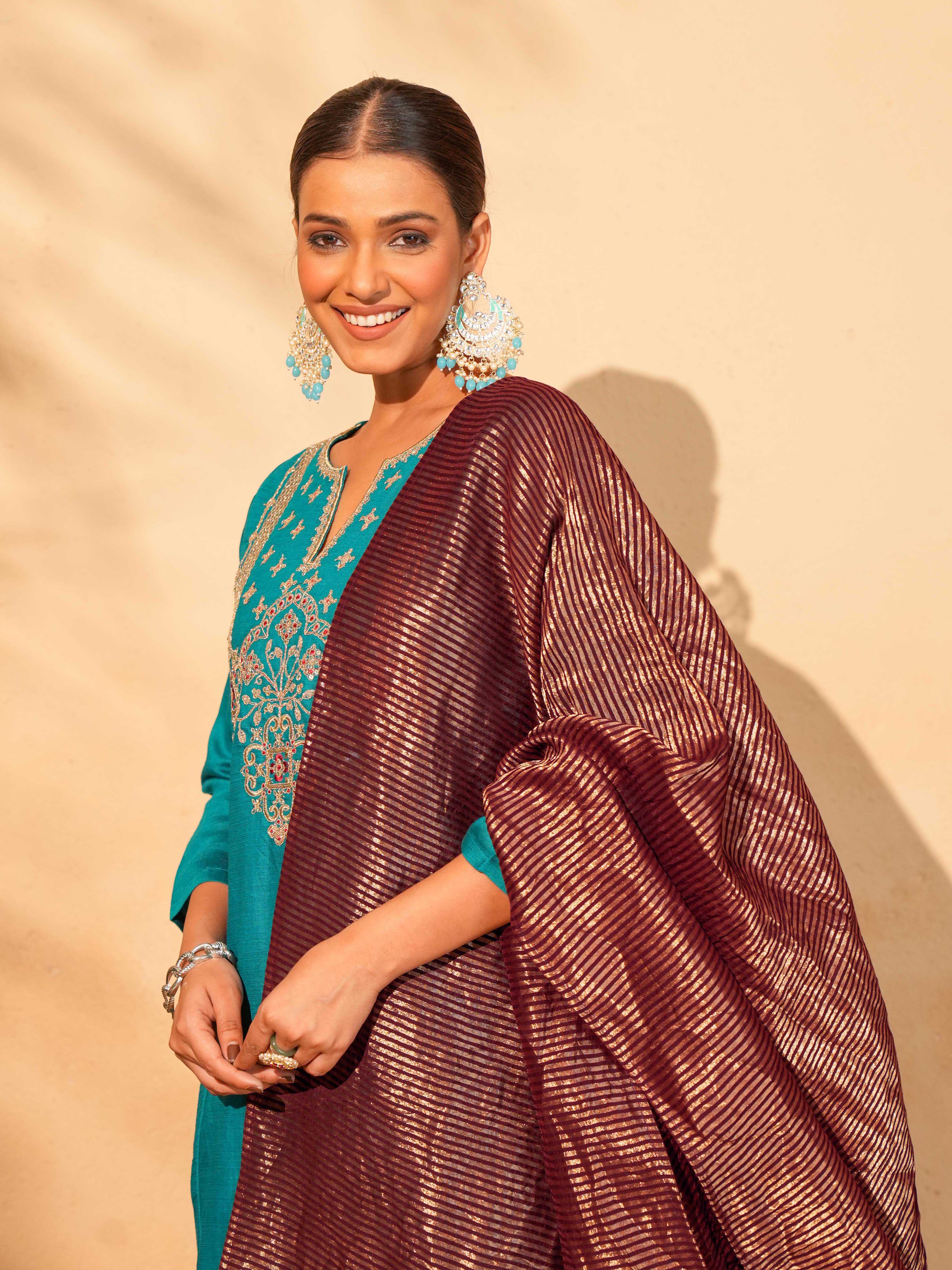 Firozi Blue Silk Embroidered Kurta Pant Set