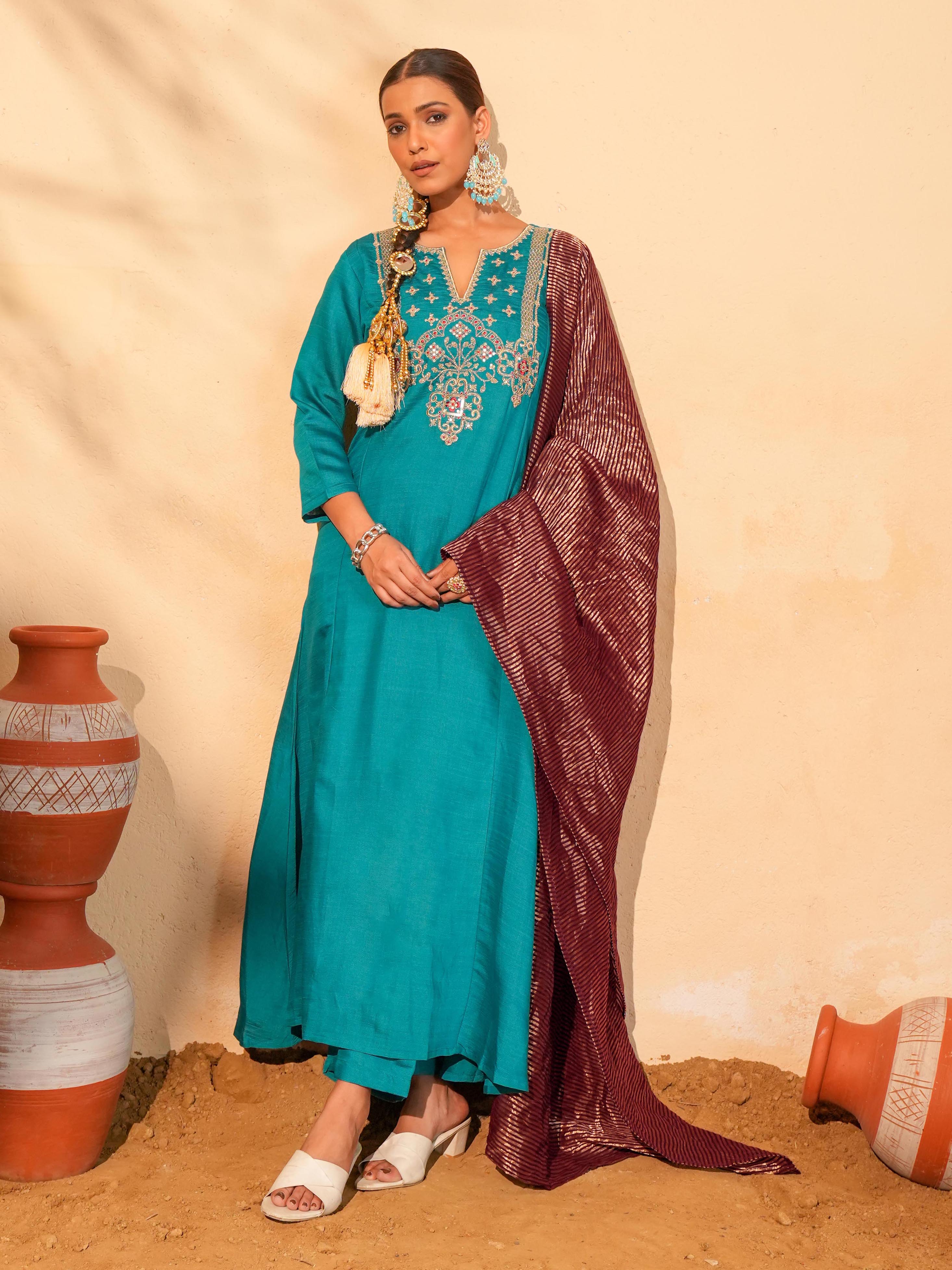 Firozi Blue Silk Embroidered Kurta Pant Set