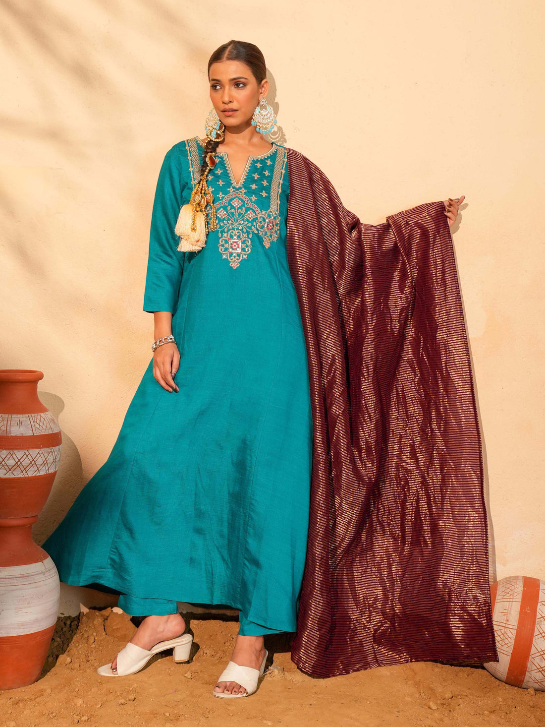 Firozi Blue Silk Embroidered Suit Sets