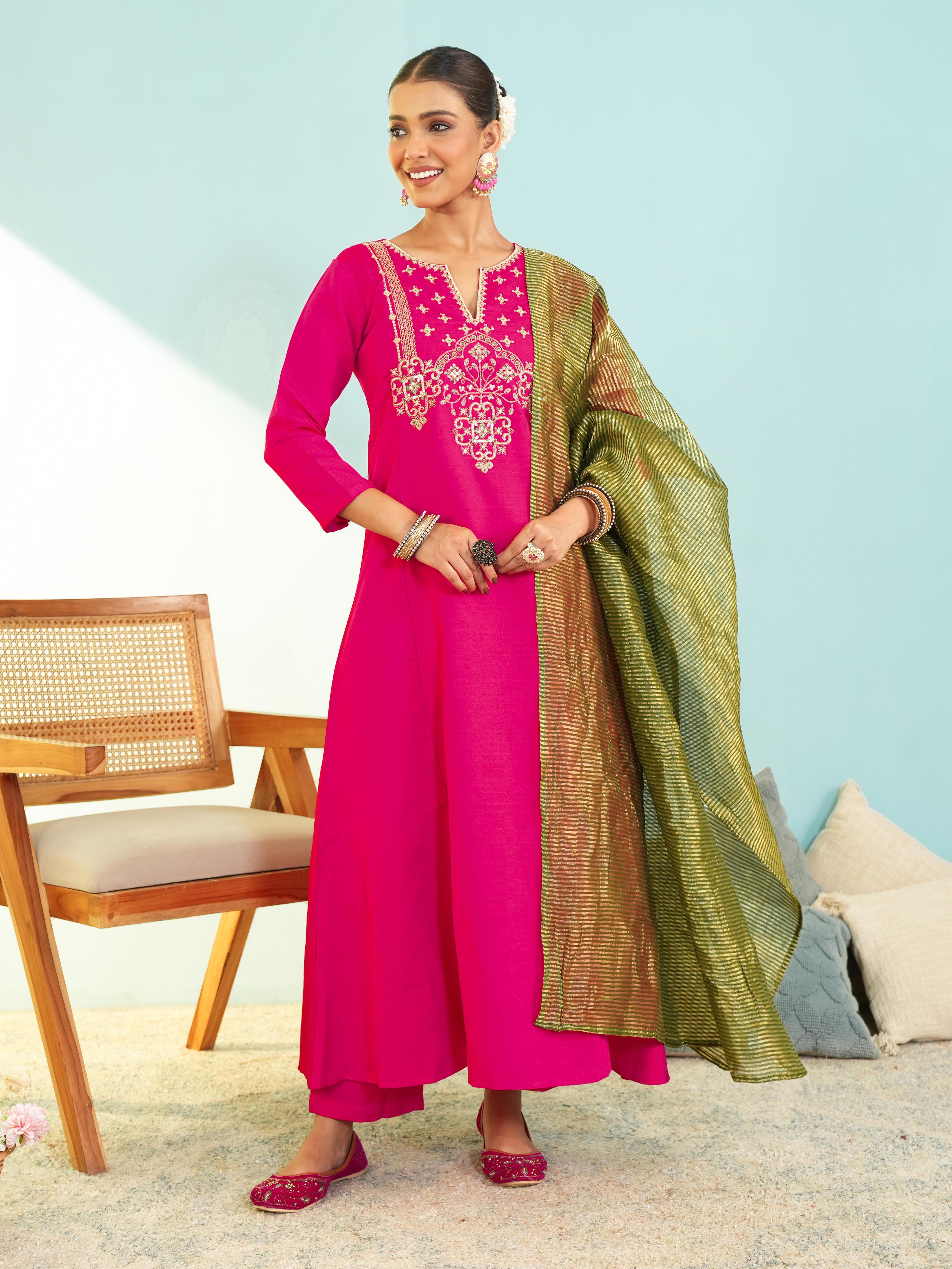 Gajri Silk Embroidered Kurta Pant Set