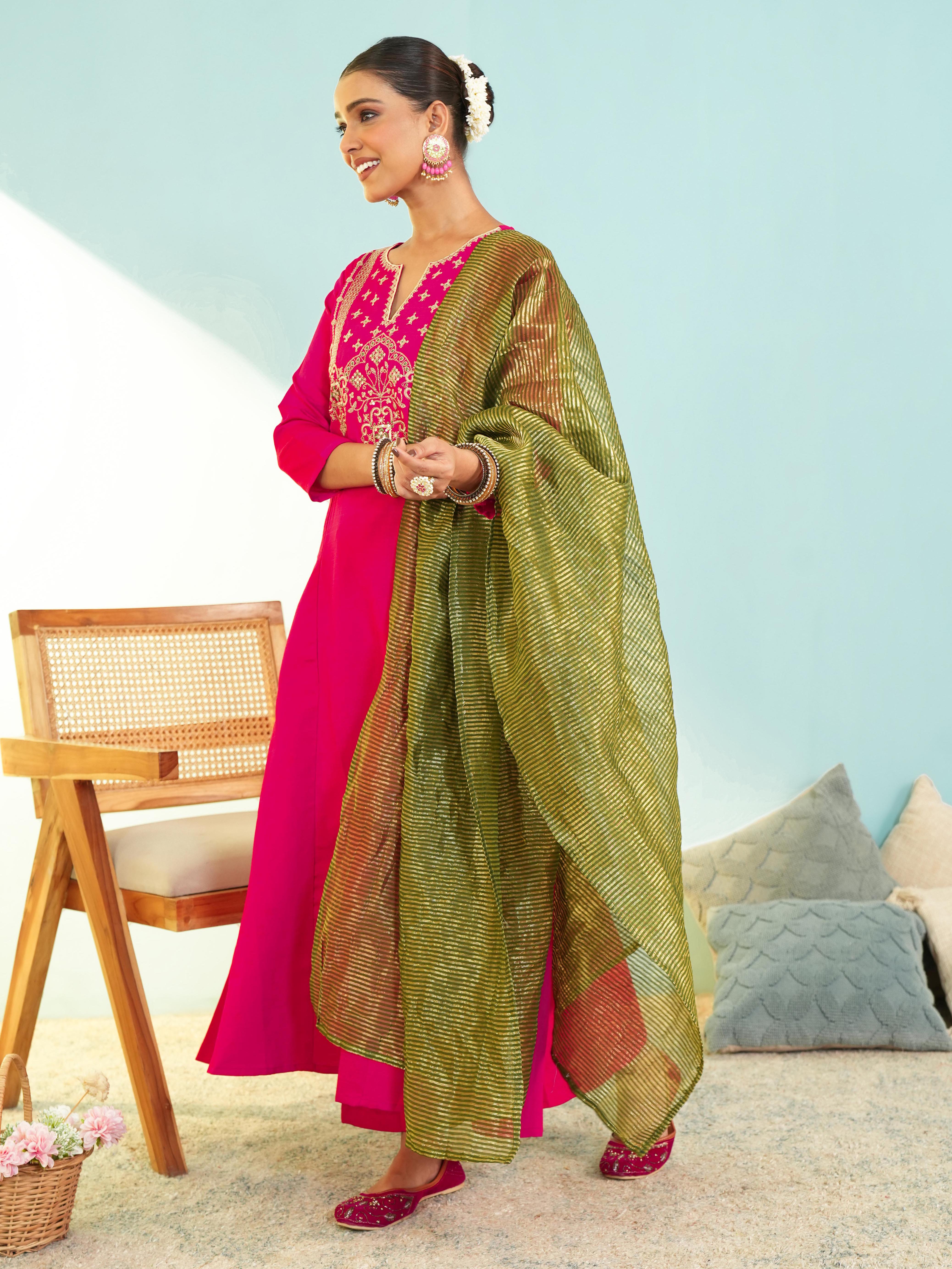 Gajri Silk Embroidered Kurta Pant Set