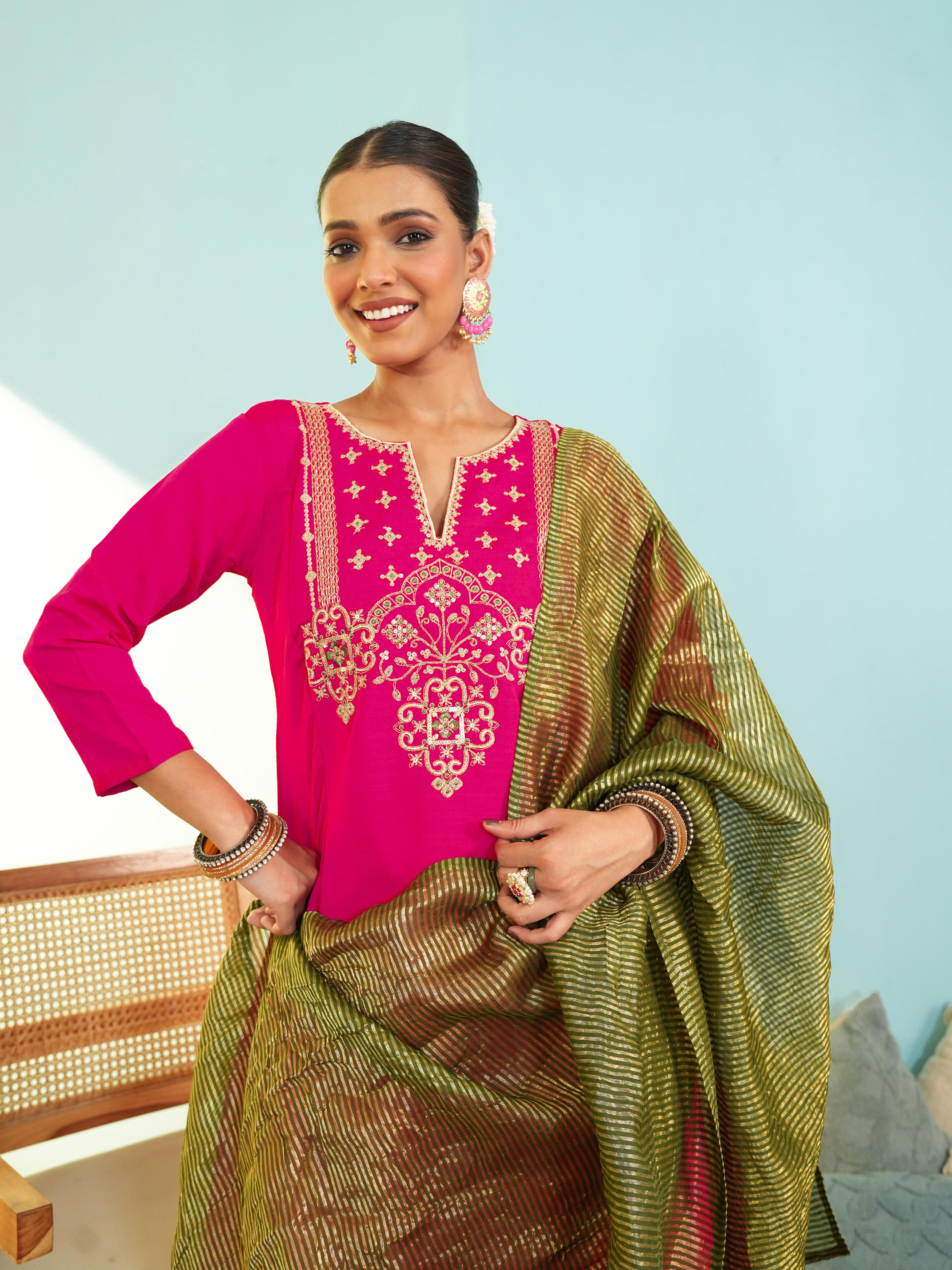 Gajri Silk Embroidered Kurta Pant Set