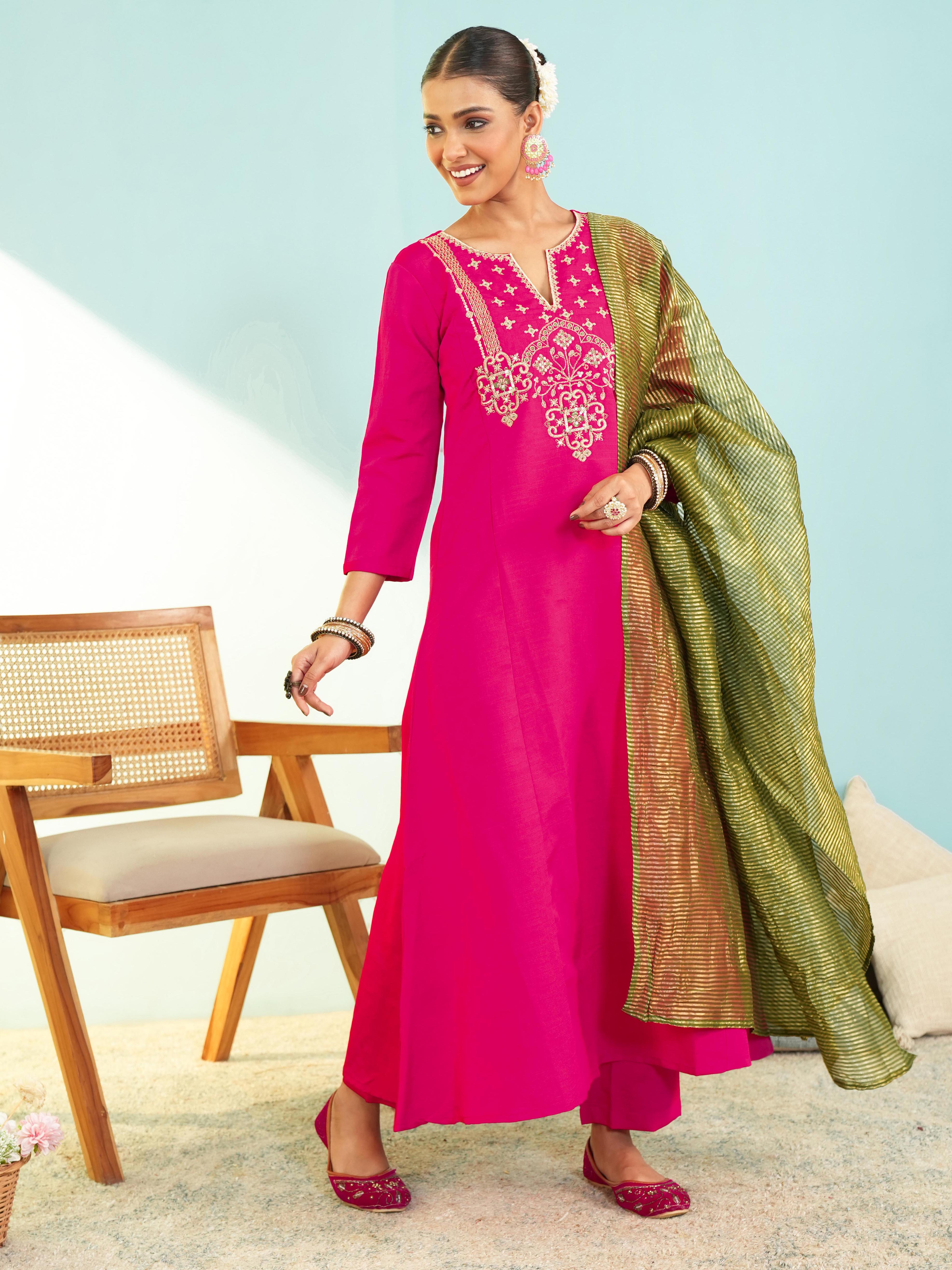Gajri Silk Embroidered Kurta Pant Set