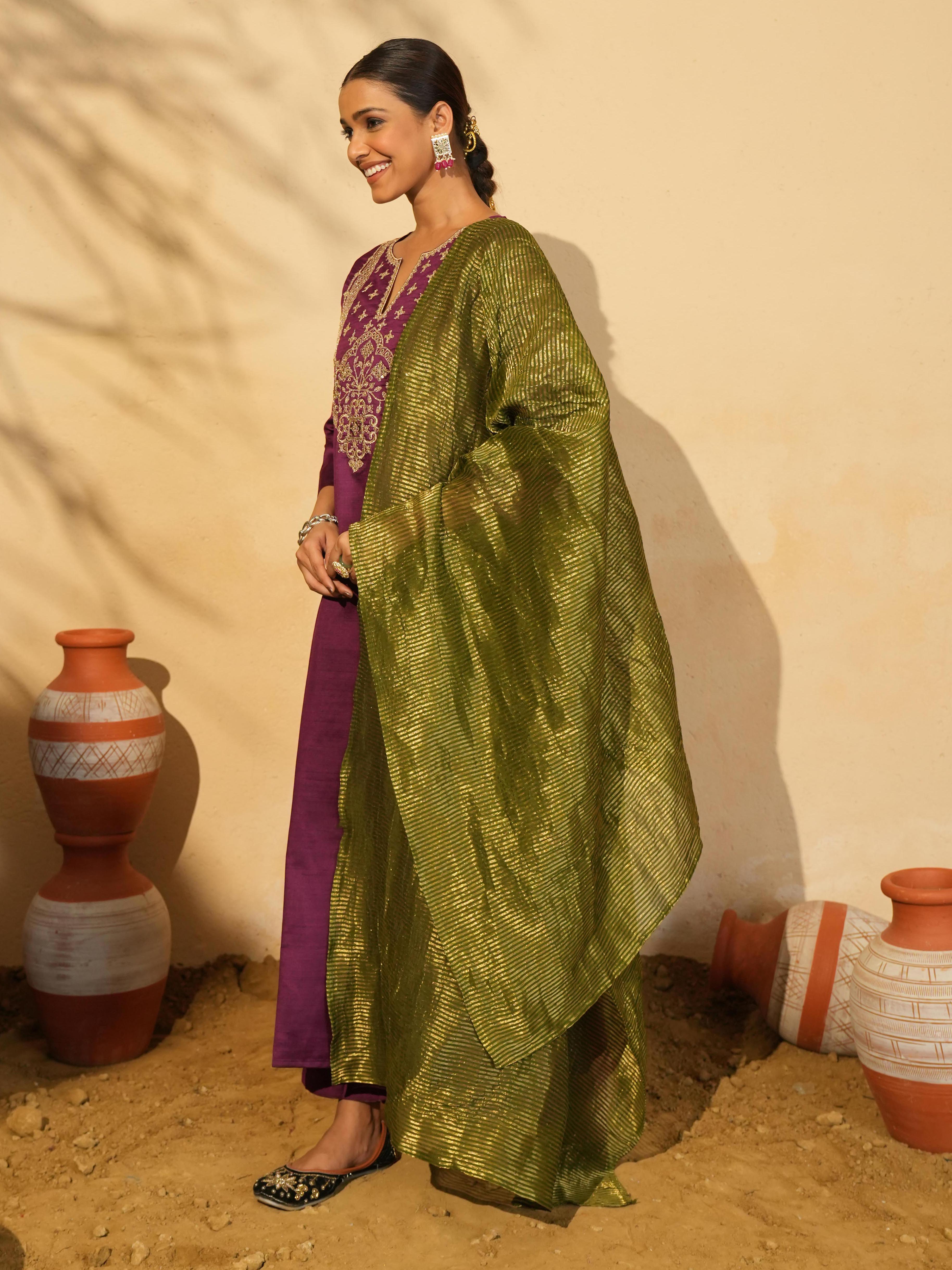 Wine Silk Embroidered Kurta Pant Set