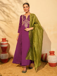 Wine Silk Embroidered Kurta Pant Set