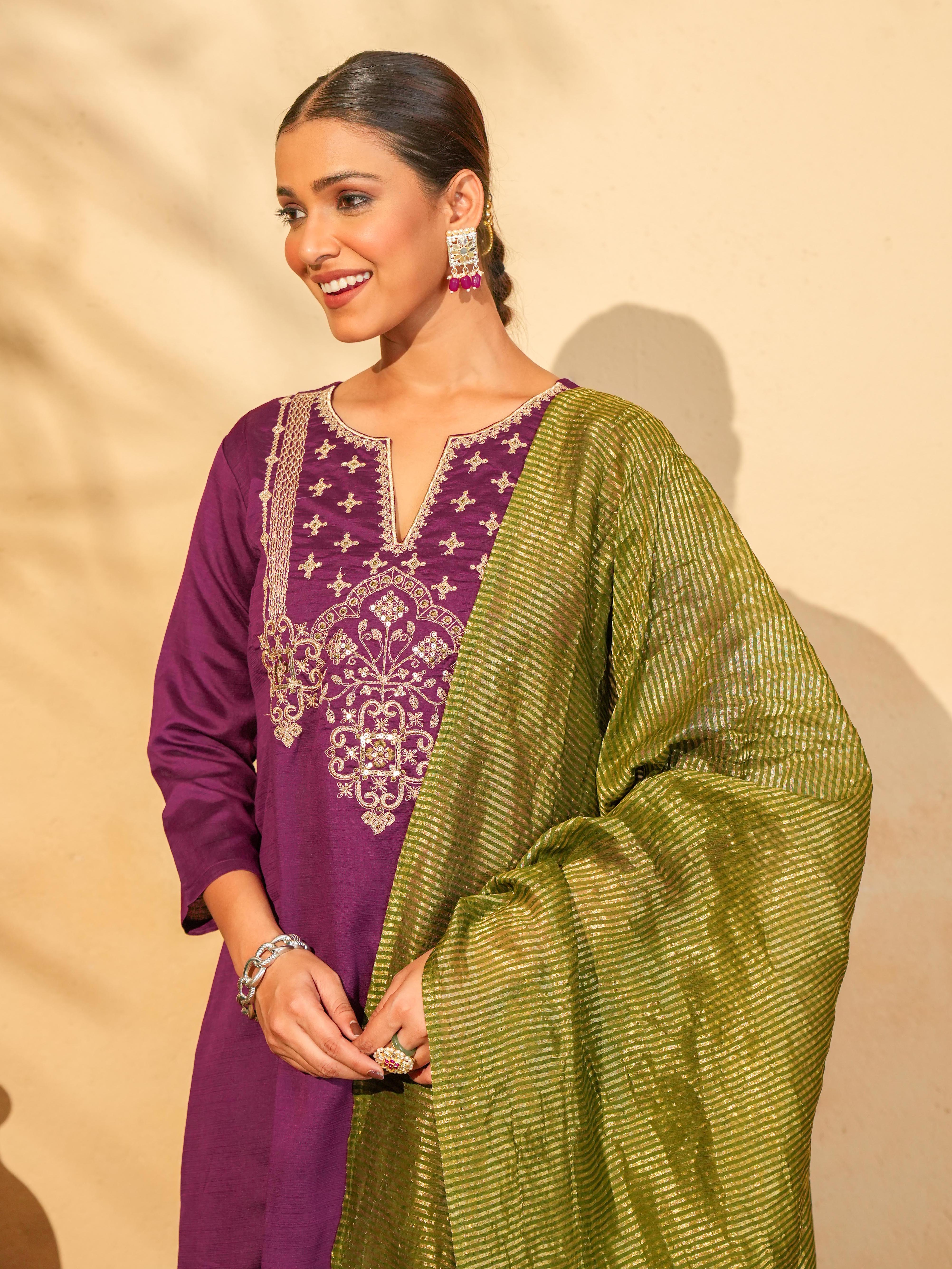 Wine Silk Embroidered Kurta Pant Set
