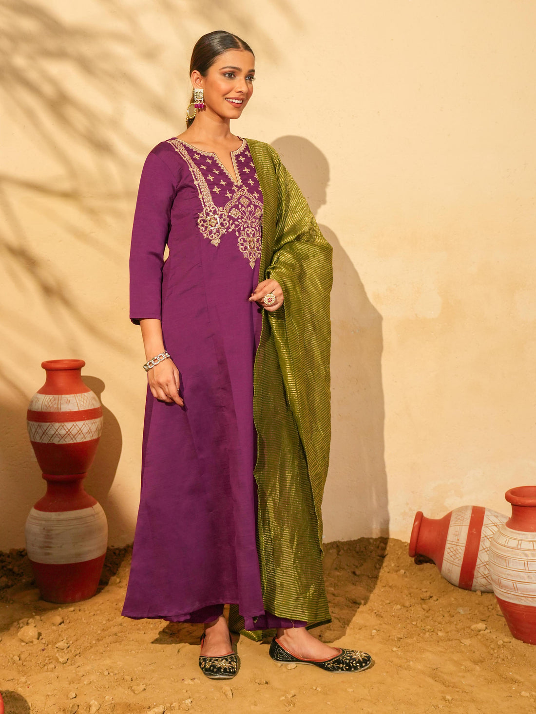 Wine Silk Embroidered Suit Sets