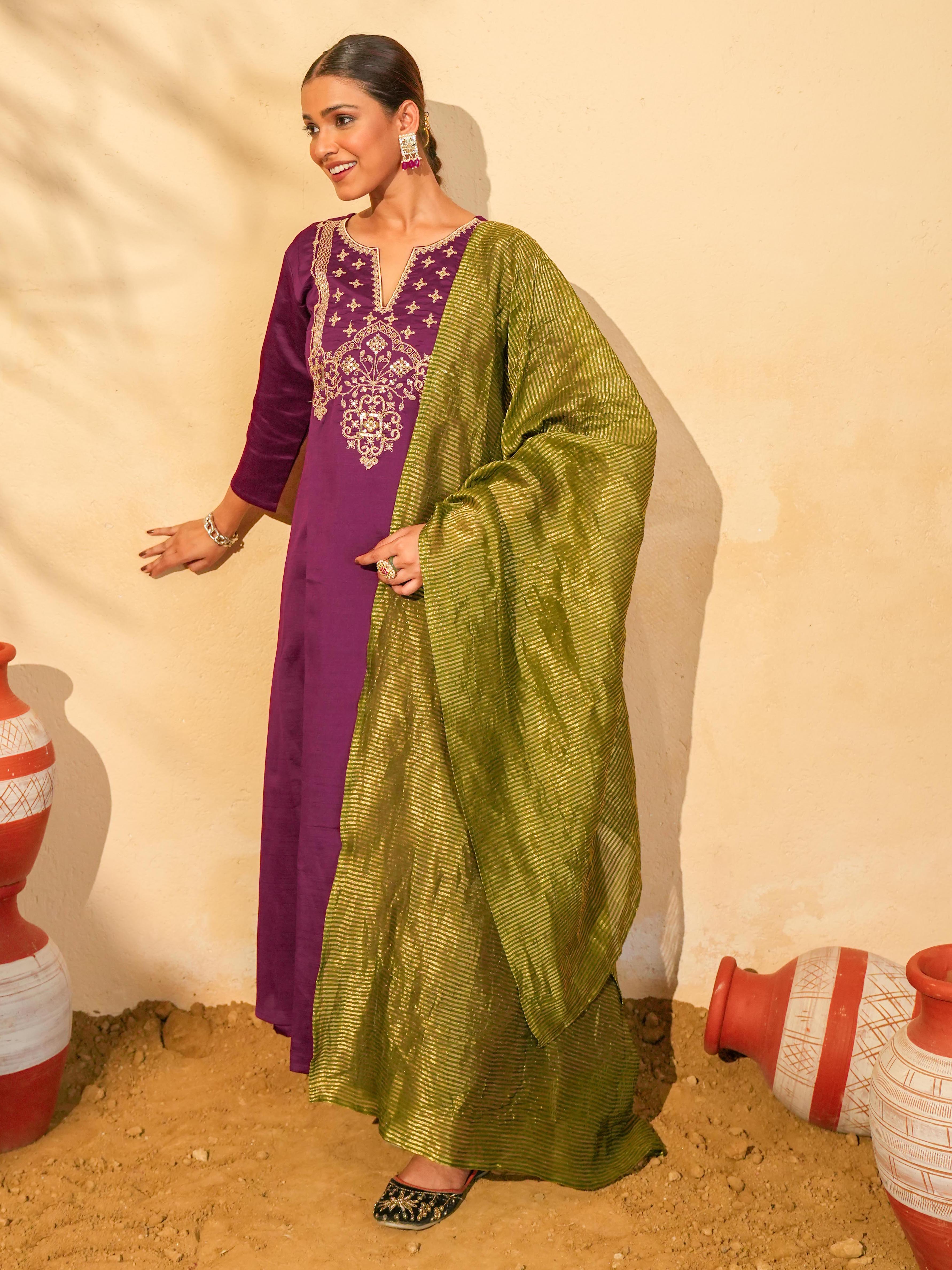 Wine Silk Embroidered Kurta Pant Set