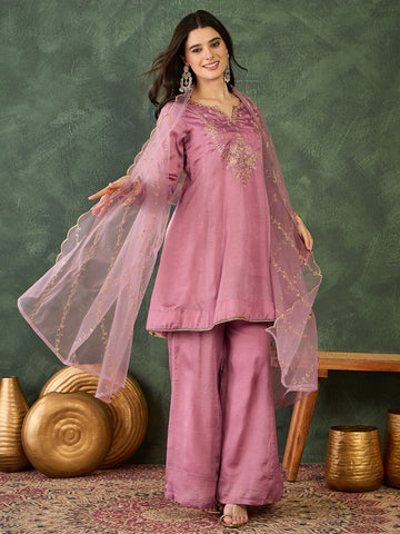 Onion Pink Silk Embroidered Kurta Set