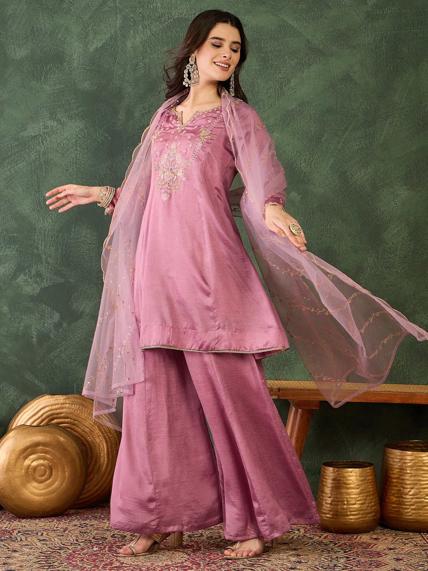 Onion Pink Silk Embroidered Kurta Set