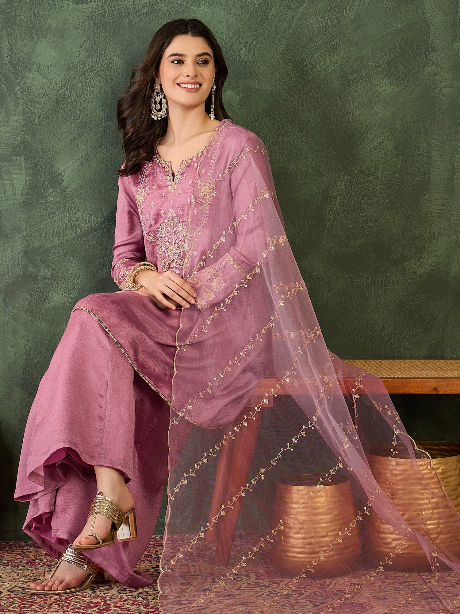Onion Pink Silk Embroidered Kurta Set