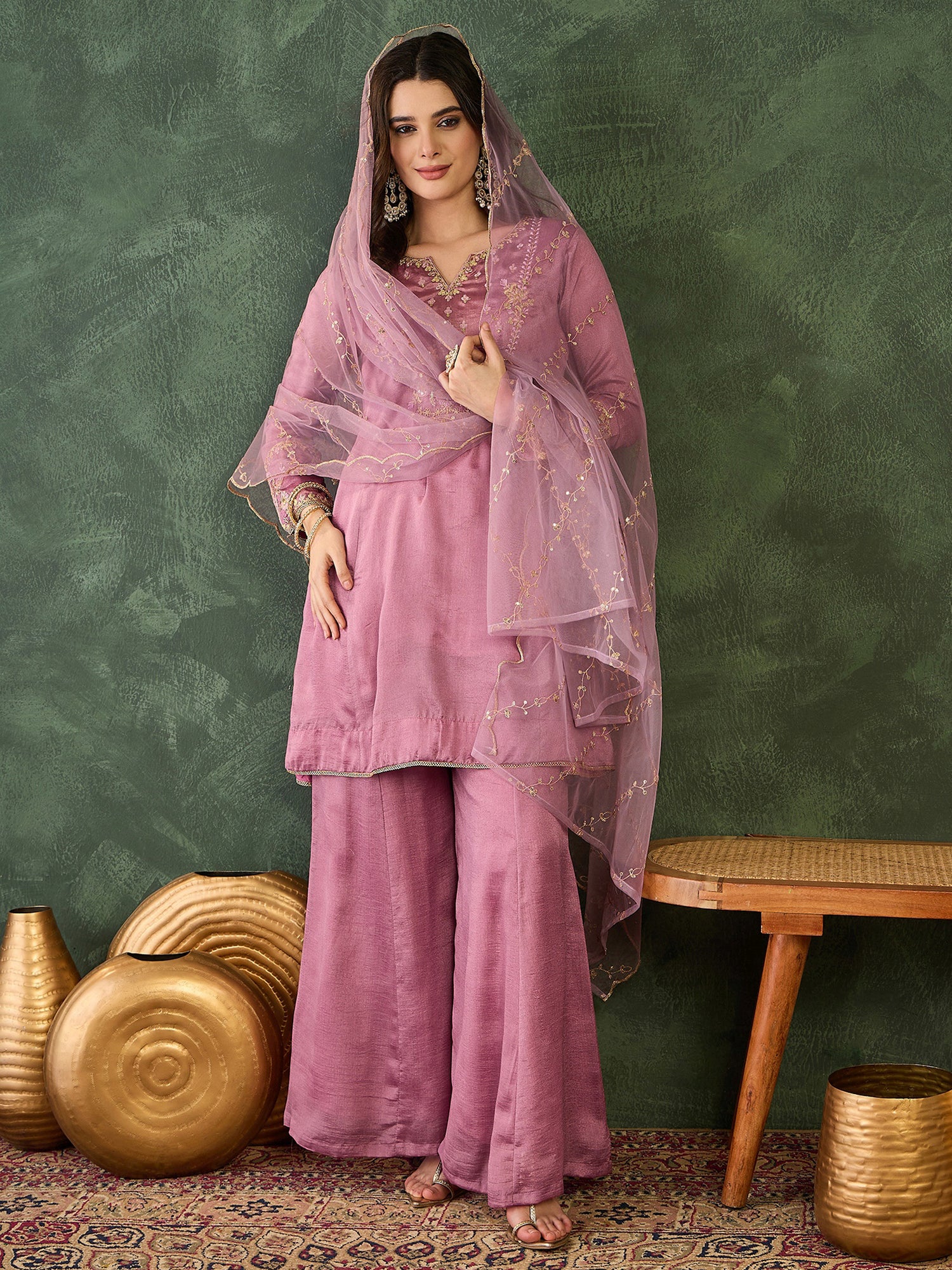 Onion Pink Silk Embroidered Kurta Set