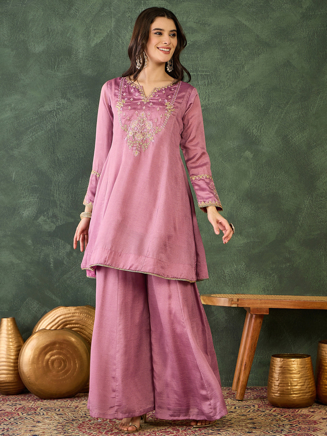 Onion Pink Silk Embroidered Sharara Set