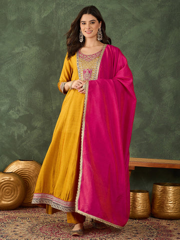 Mustard Yellow Silk Anarkali Kurta Set