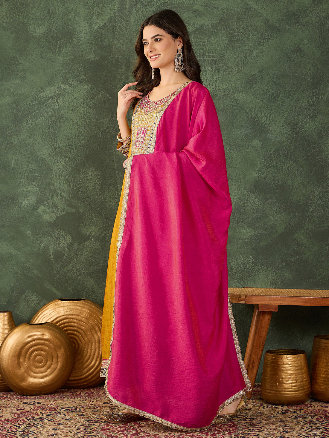Mustard Yellow Silk Anarkali Kurta Set