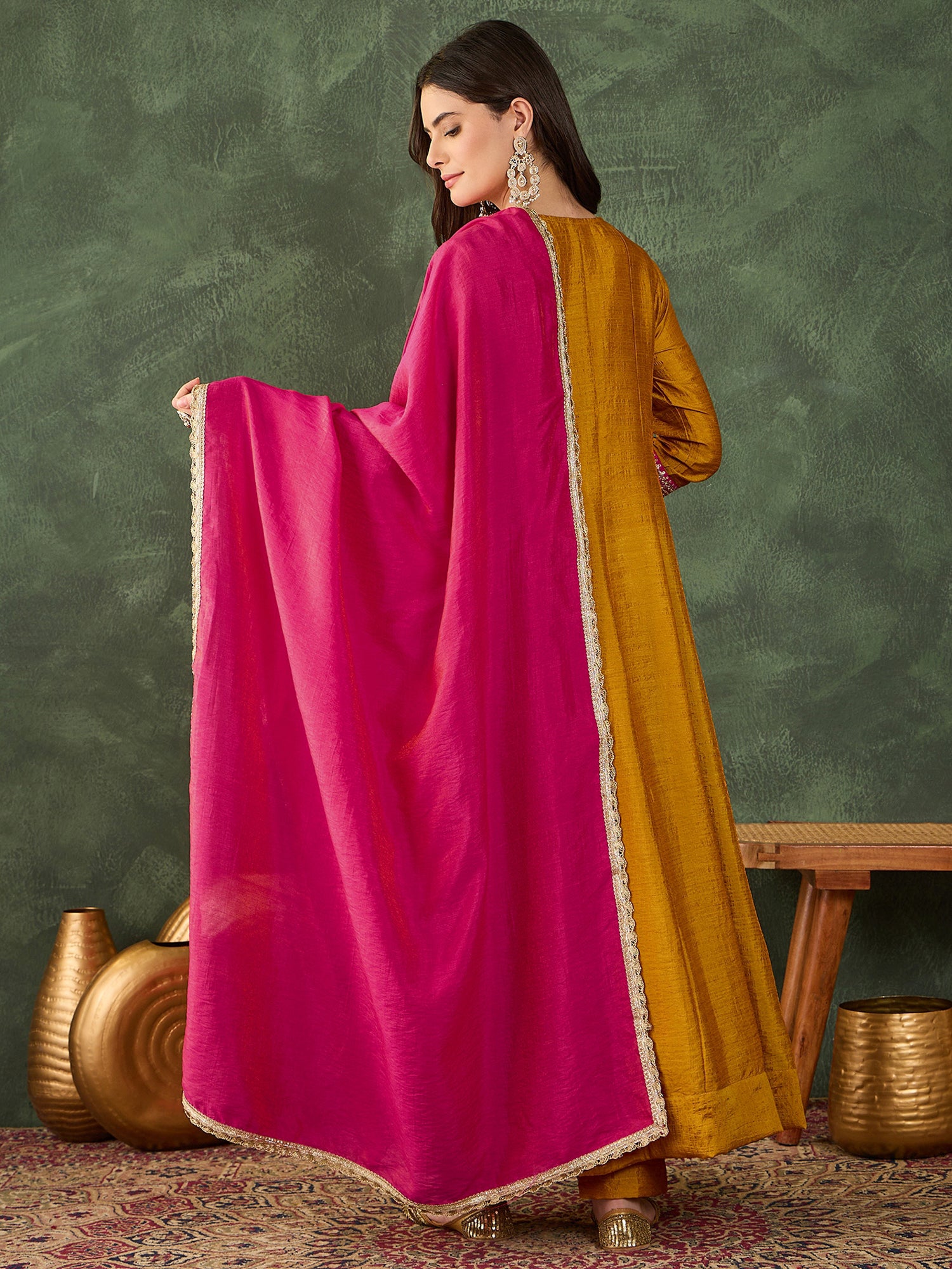 Mustard Yellow Silk Anarkali Kurta Set