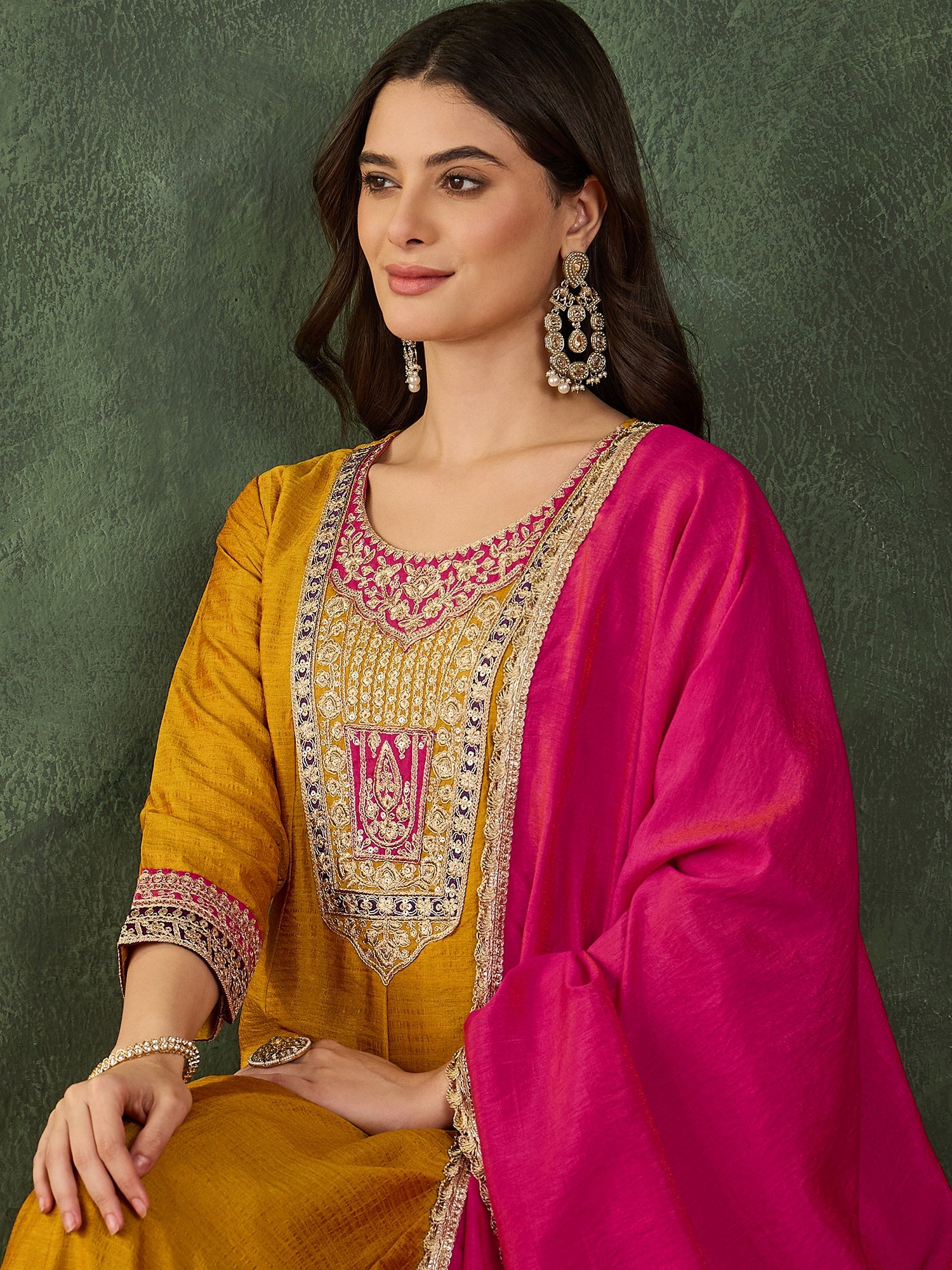 Mustard Yellow Silk Anarkali Kurta Set