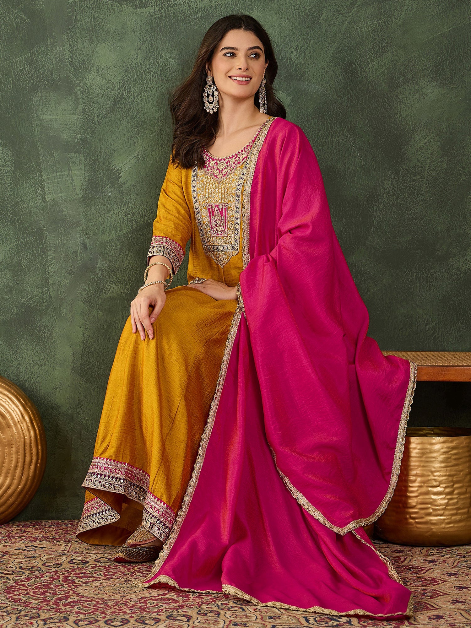 Mustard Yellow Silk Anarkali Kurta Set