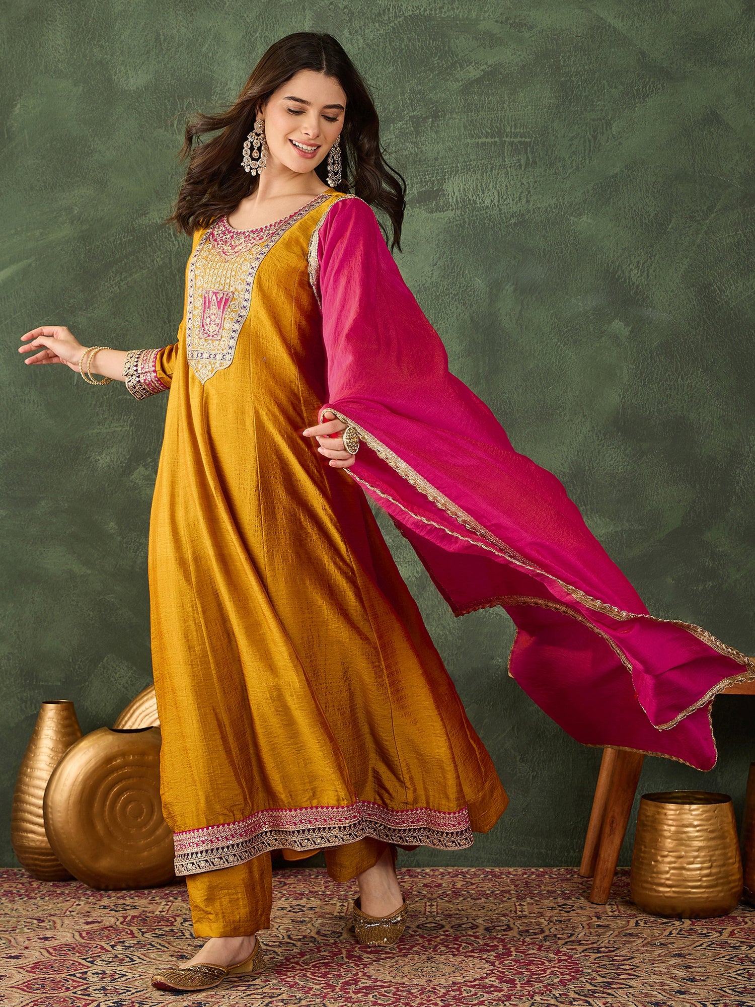 Mustard Yellow Silk Anarkali Kurta Set