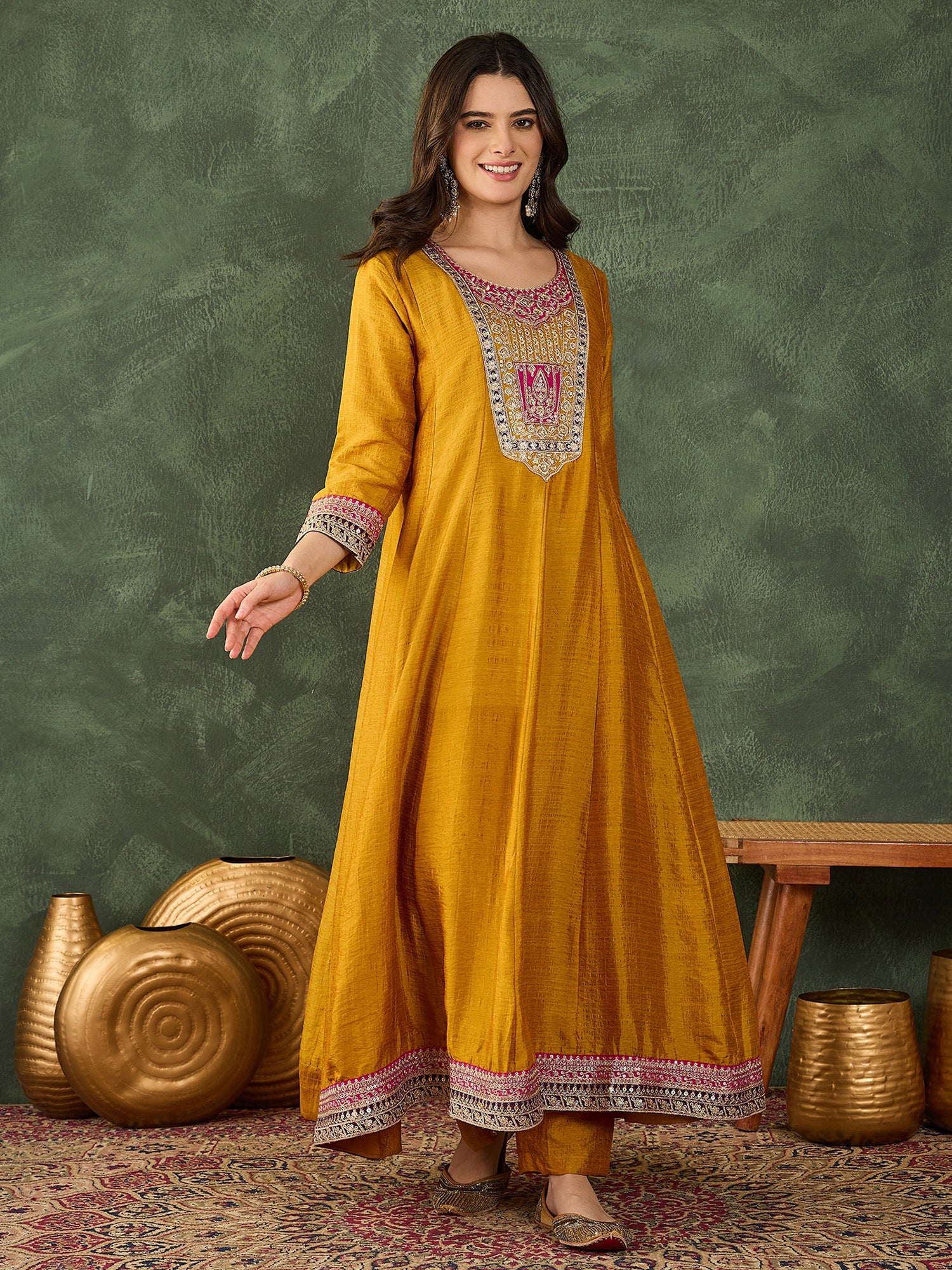 Mustard Yellow Silk Anarkali Kurta Set