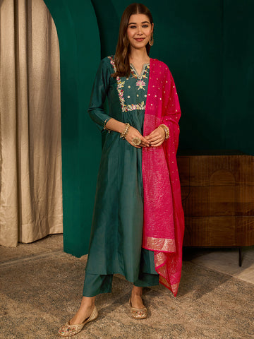 Dark Green Silk Flared Anarkali Kurta Set