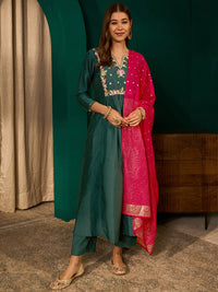Dark Green Silk Flared Anarkali Kurta Set