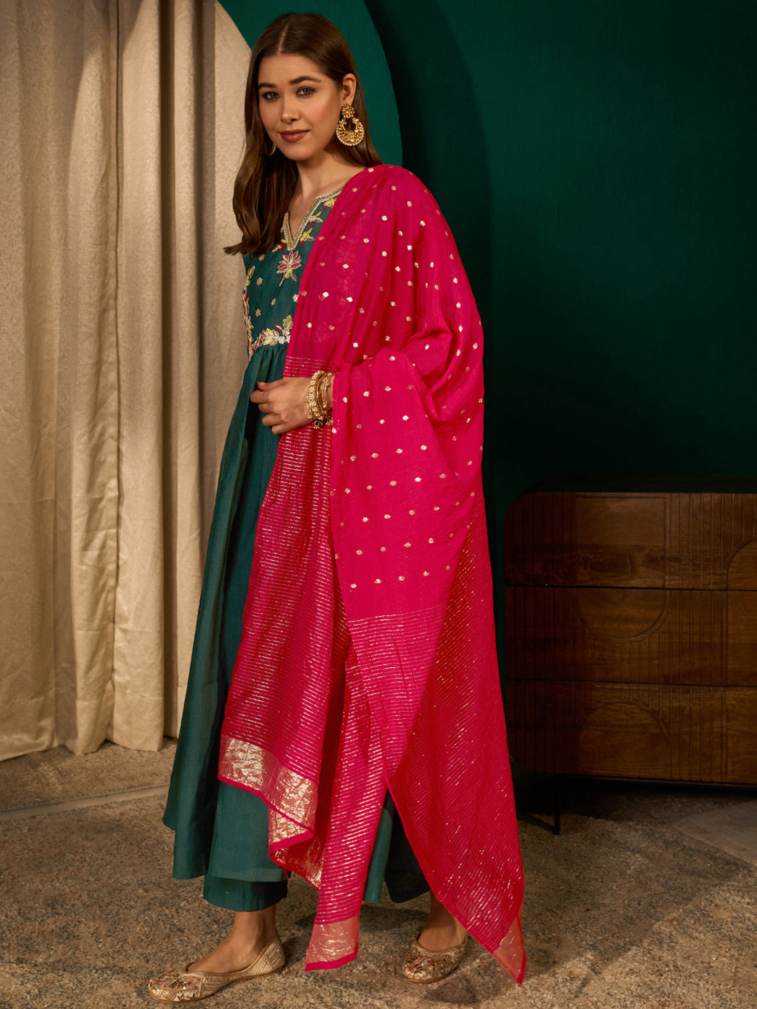 Dark Green Silk Flared Anarkali Kurta Set