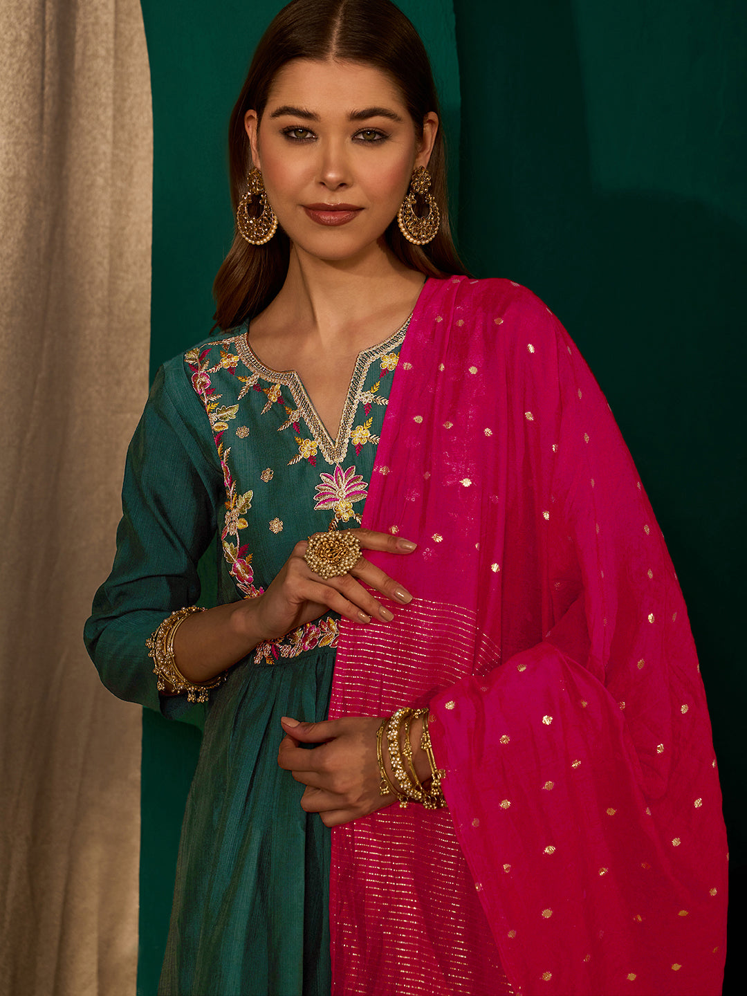 Dark Green Silk Flared Anarkali Kurta Set