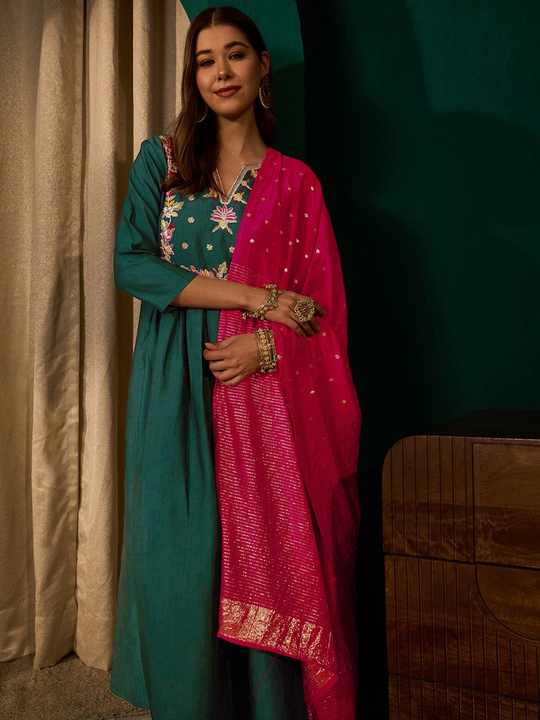 Dark Green Silk Flared Anarkali Kurta Set
