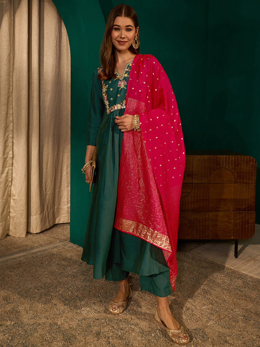 Dark Green Silk Flared Anarkali Kurta Set