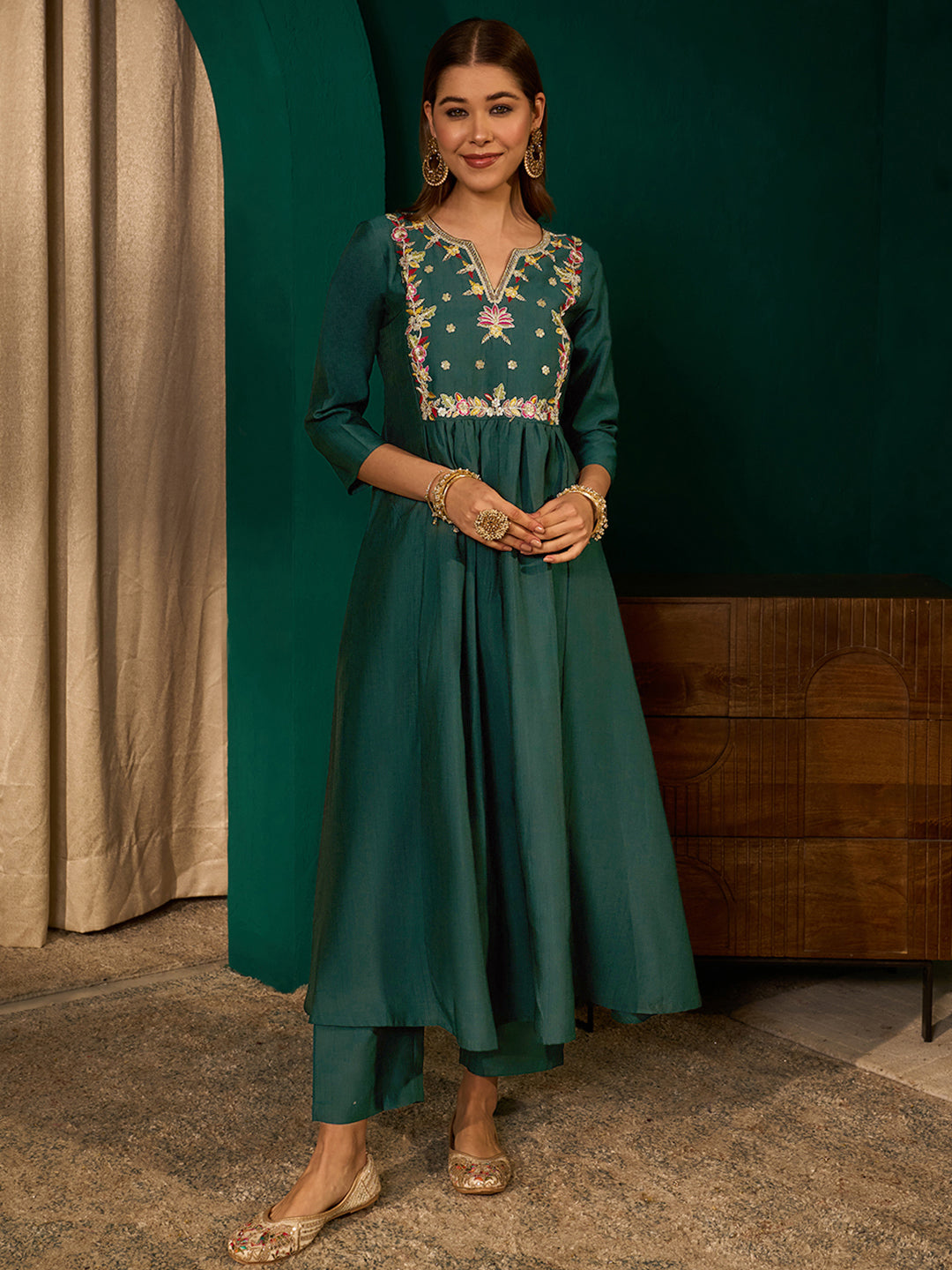 Dark Green Silk Flared Anarkali Kurta Set