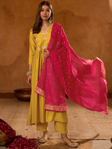 Mustard Yellow Silk Flared Anarkali Kurta Set