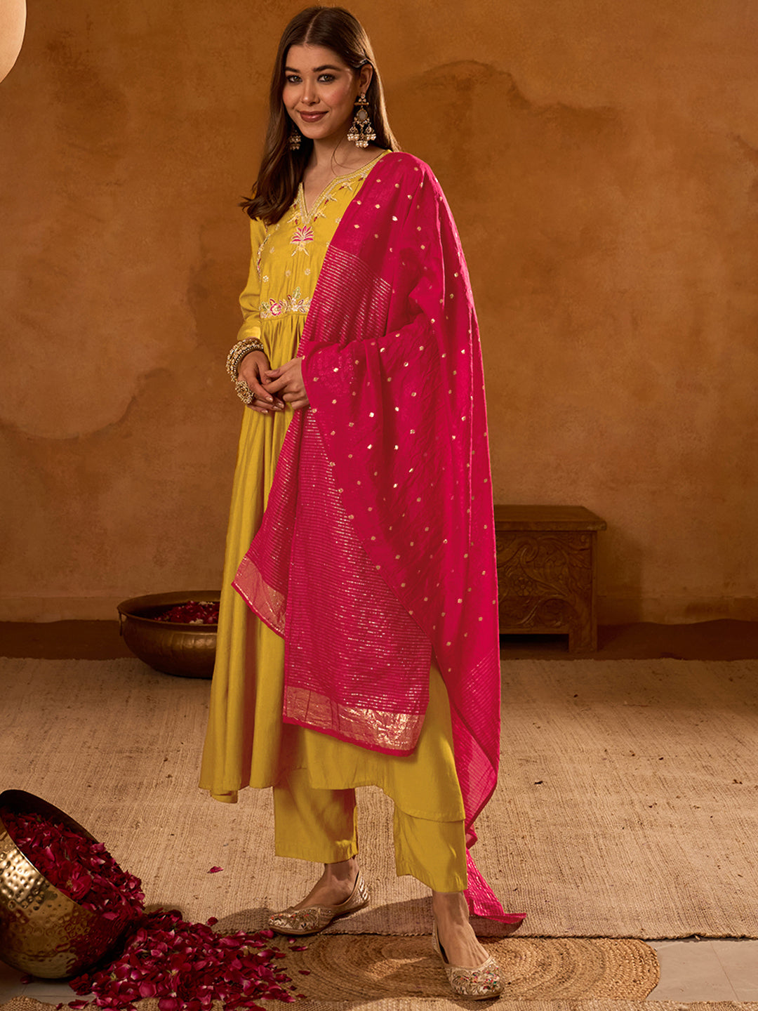 Mustard Yellow Silk Flared Anarkali Kurta Set