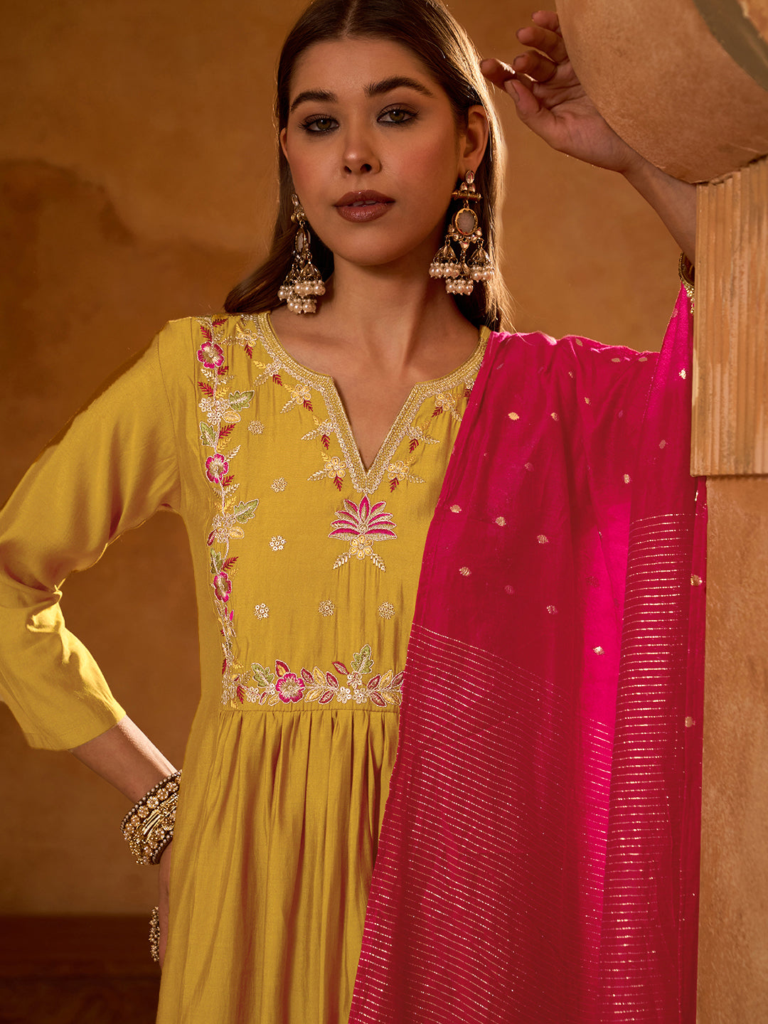 Mustard Yellow Silk Flared Anarkali Kurta Set