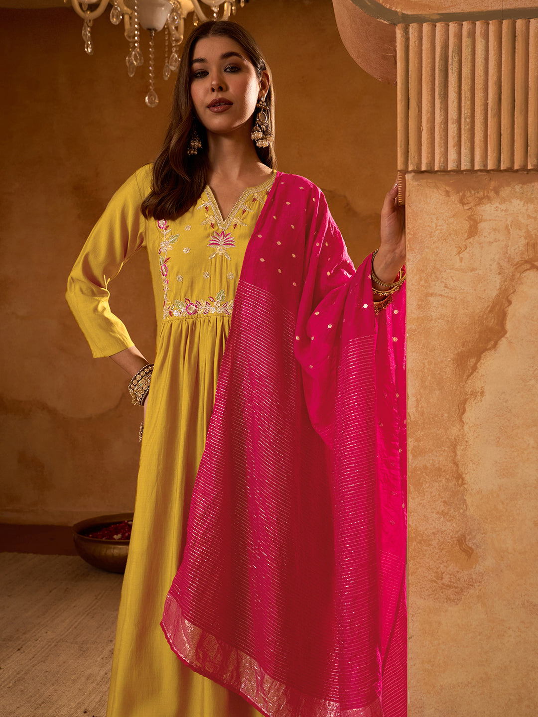 Mustard Yellow Silk Flared Anarkali Kurta Set