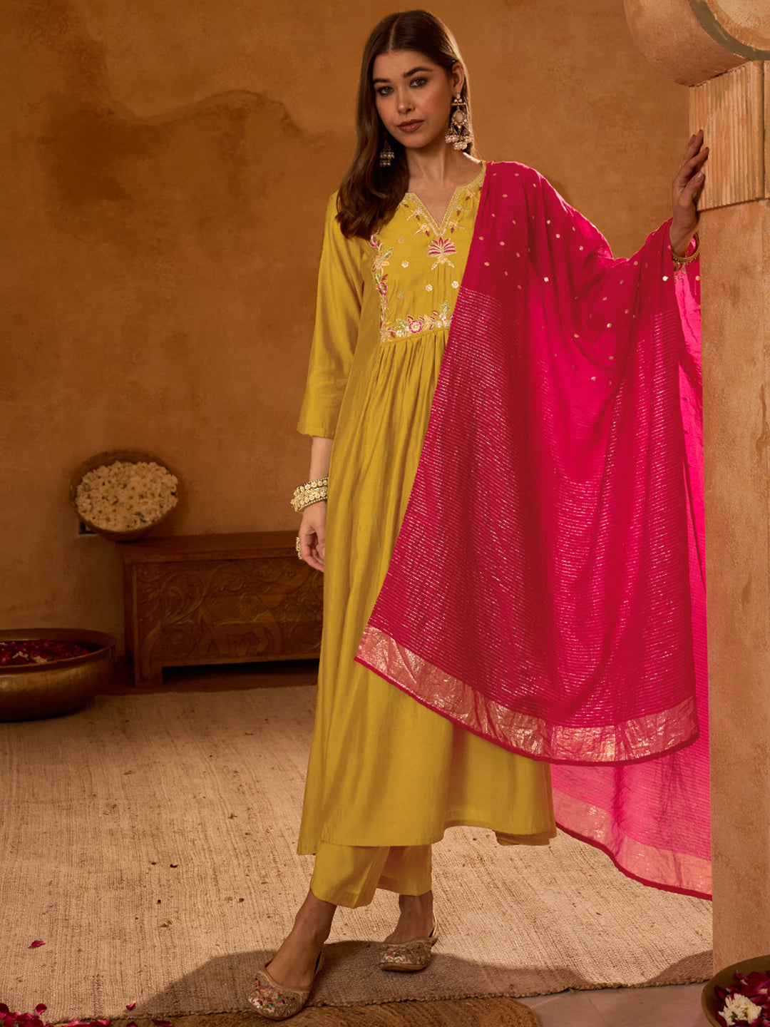 Mustard Yellow Silk Flared Anarkali Kurta Set