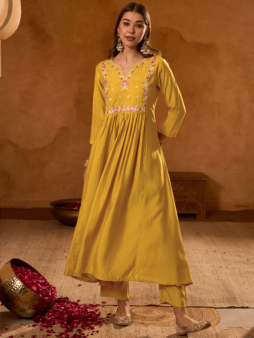 Mustard Yellow Silk Flared Anarkali Kurta Set
