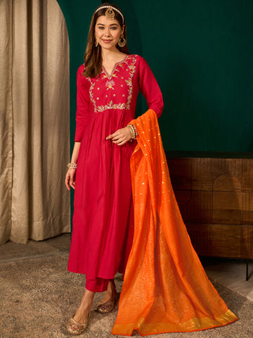 Red Silk Flared Anarkali Kurta Set