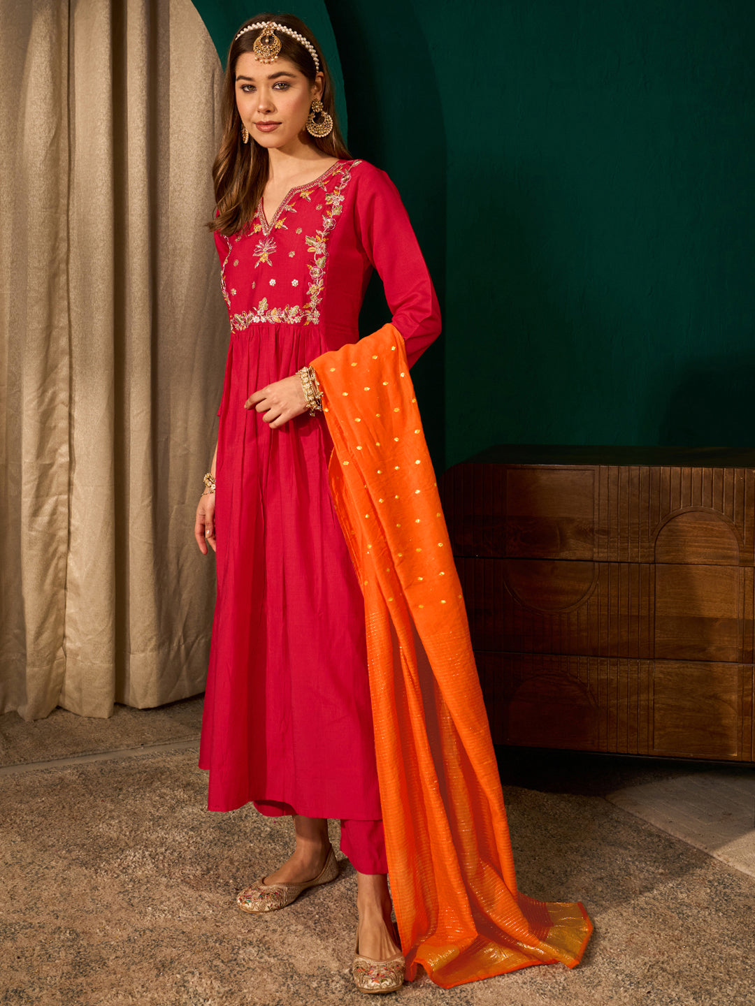 Red Silk Flared Anarkali Kurta Set
